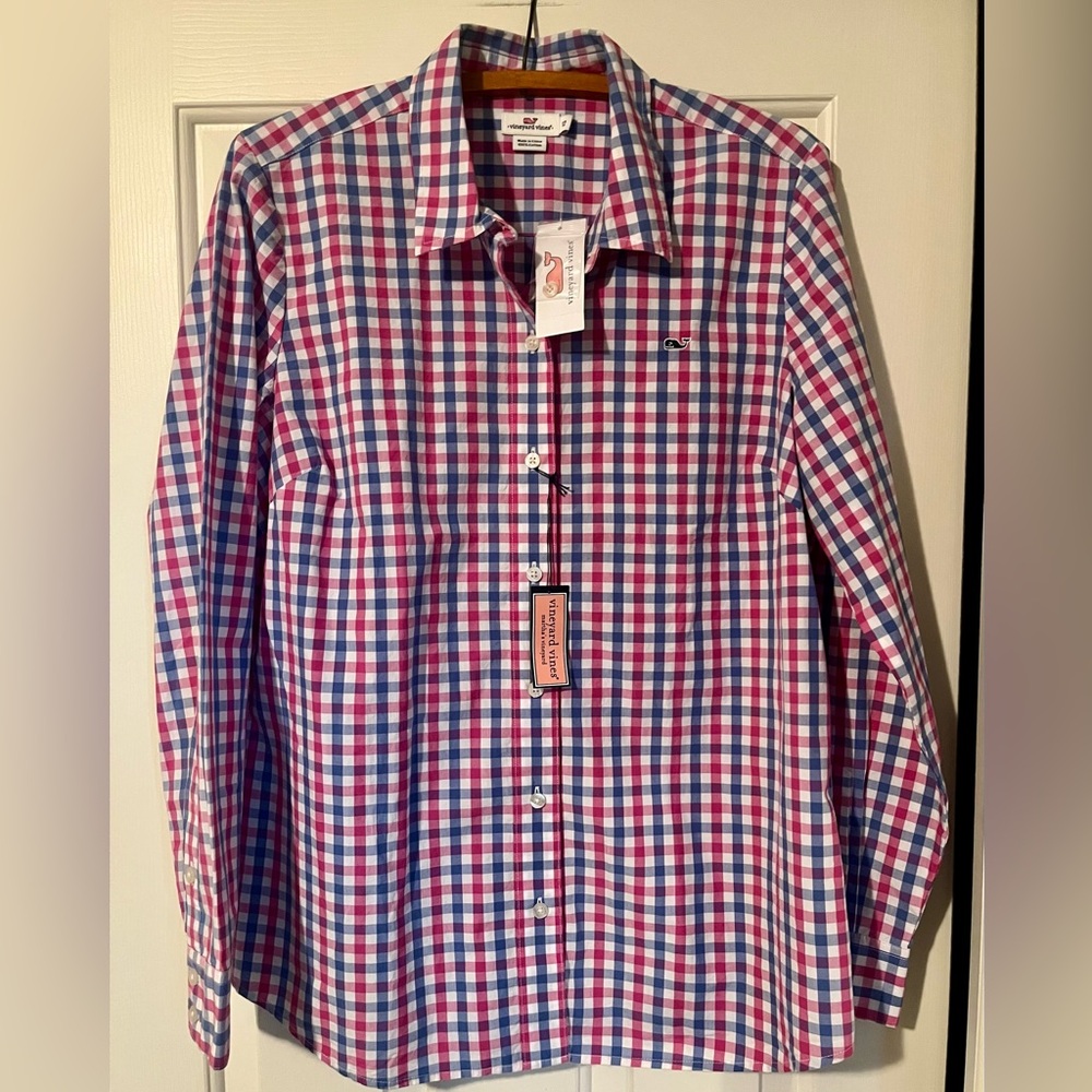 NWT Vineyard Vines Womn’s Pink, Blue & White Gingham Button-Down Shirt